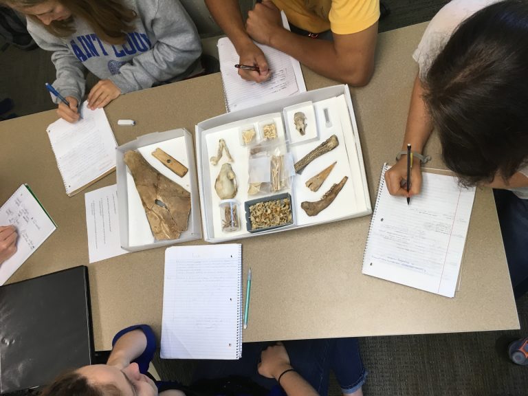 Photograph of Students in Anthro 212 working on lab project with faunal material