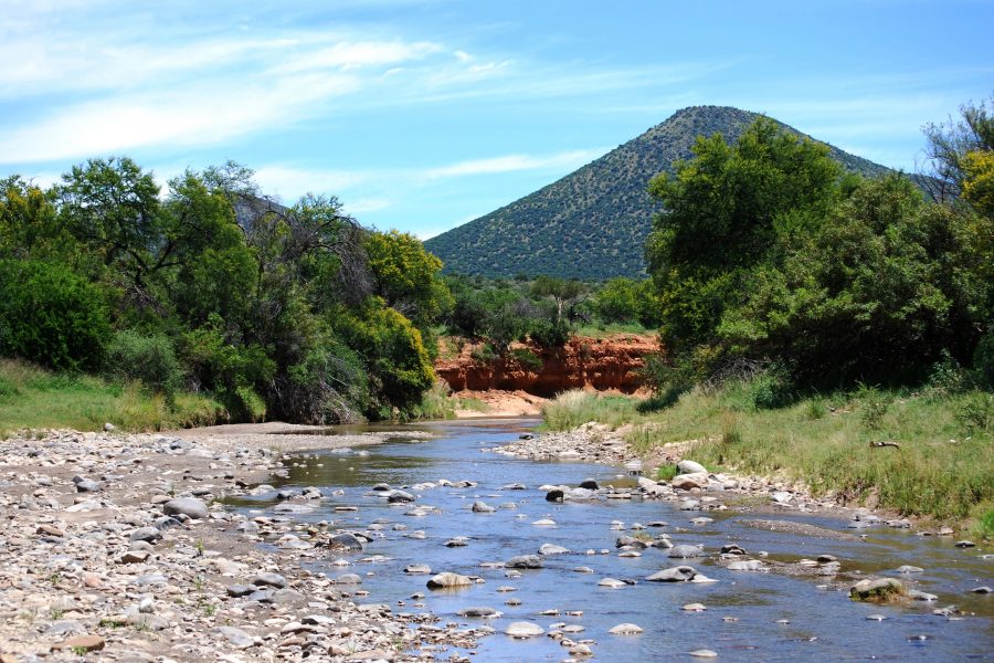 South African landscape with river in foreground and mountain in background